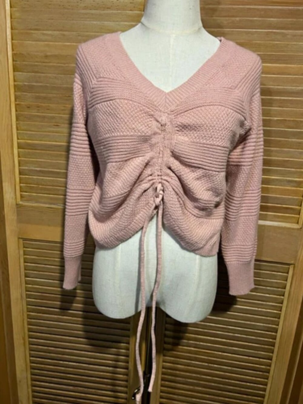 Full Circle Trends Pink Knit V-Neck Drawstring Front Long Sleeve Pullover